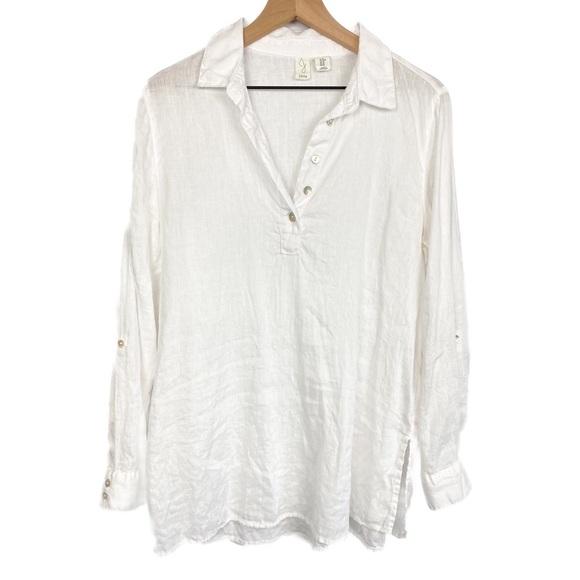 Joie Womens Linen Popover Top M White Roll Tab Lighweight Classic Beachy Minimal - Picture 1 of 5